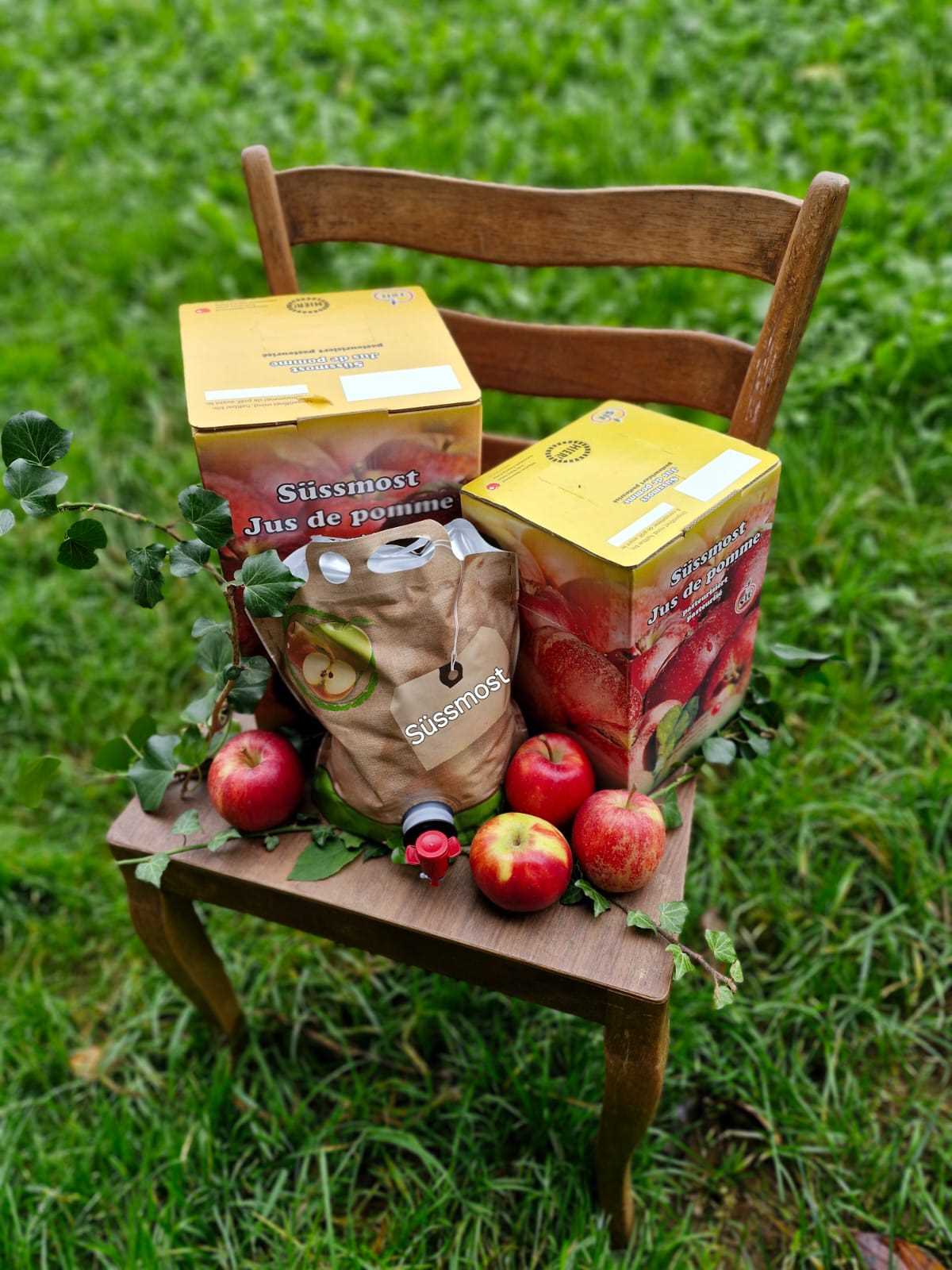 Apfelsaft auf Holzstuhl